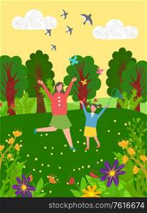 Mom and daughter jumping and running in forest vector, happy family on nature, swallows flying in sky, trees and greenery of park, mother and child. People Happy to be in Park, Mother and Daughter