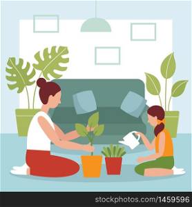 Mom and daughter plant plants in the room.The concept of home activity with family, time with children.Stay at home in epidemic coronavirus. Cartoon vector illustration.