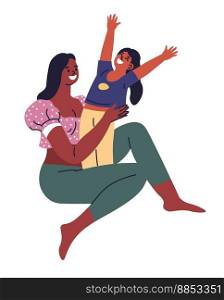 Mom and daughter spending time together, bonding and smiling, laughing and playing. Mother and kid girl, cuddling and hugging. Mommy and small child, pre teenage character. Vector in flat style. Daughter and mom, happy family leisure together