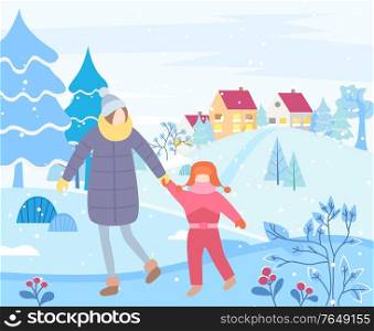 Mom and daughter walking at weekends in snowy park. Cityscape with home exteriors in distance. Pine trees and red berries bushes. Woman and kid relaxing outdoors. Landscape with snow, vector. Mother and Toddler Walking in Winter Forest Park