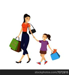 Mom and daughter with shopping bags. Big discount in store. Flat design isolated on white background,cartoon vector illustration. Mom and daughter with shopping bags