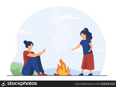 Mom and kid enjoying c&ing outdoor. Happy woman and girl warming hands at fire. Flat vector illustration. Family activity, adventure concept for banner, website design or landing web page