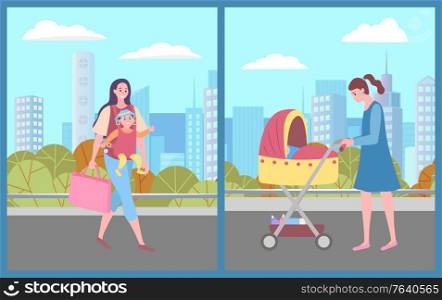 Mom and kid in city vector, female character carrying baby and bags flat style. Woman pushing perambulator with newborn kid sleeping, outdoors relaxation. City park, citizens with children in town. Woman with Perambulator in City, Kid and Mother