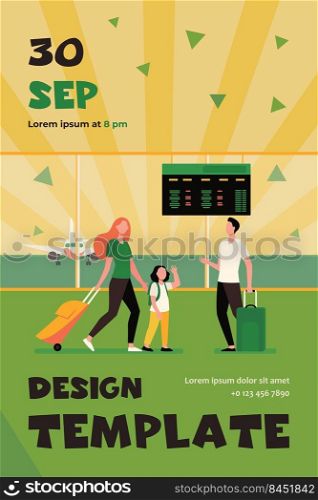 Mom and little daughter meeting with dad in airport. Parents and kids, luggage, airplane flat vector illustration. Family, travel, vacation concept for banner, website design or landing web page