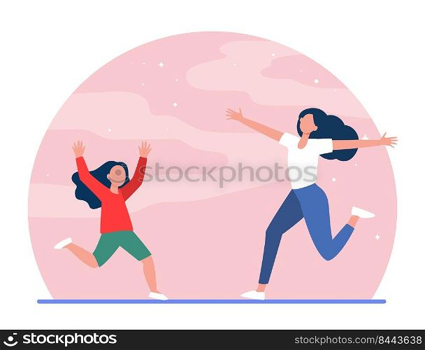 Mom and little daughter running to each other with open arms. Mother, girl, kid flat vector illustration. Parenthood, childhood, parenting concept for banner, website design or landing web page
