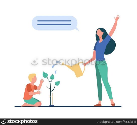Mom and little son planting tree. Woman and boy watering sprout flat vector illustration. Spring, gardening, nature care concept for banner, website design or landing web page