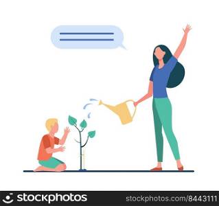 Mom and little son planting tree. Woman and boy watering sprout flat vector illustration. Spring, gardening, nature care concept for banner, website design or landing web page