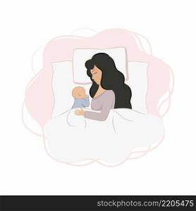 Mom and newborn baby are lying on the bed and sleeping. Mom sleeps with a small child. Motherhood and baby care, healthy sleep together. Vector flat cartoon illustration.