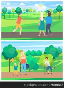Mom and son, child on scooter, running male and walking girls in park, trees decoration. Full length view of people outdoor, weekend and nature vector. Family and Friends Outdoor, People in Park Vector