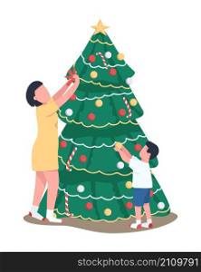 Mom and son decorating Xmas tree semi flat color vector characters. Family figures. Full body person on white. Winter isolated modern cartoon style illustration for graphic design and animation. Mom and son decorating Xmas tree semi flat color vector characters