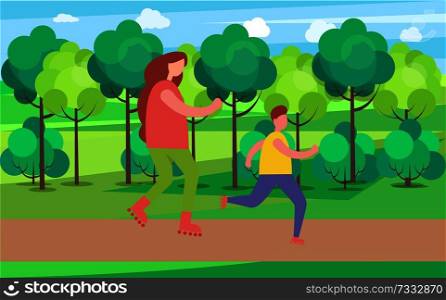 Mom and son skating together, rollerskating people and good weather in the park, trees and clouds, bush and greenery isolated on vector illustration. Mom and Son Skating Together Vector Illustration