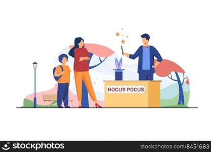 Mom and son walking in amusement park. Magician with rabbit in hat working outside flat vector illustration. Entertainment, fair, festival concept for banner, website design or landing web page