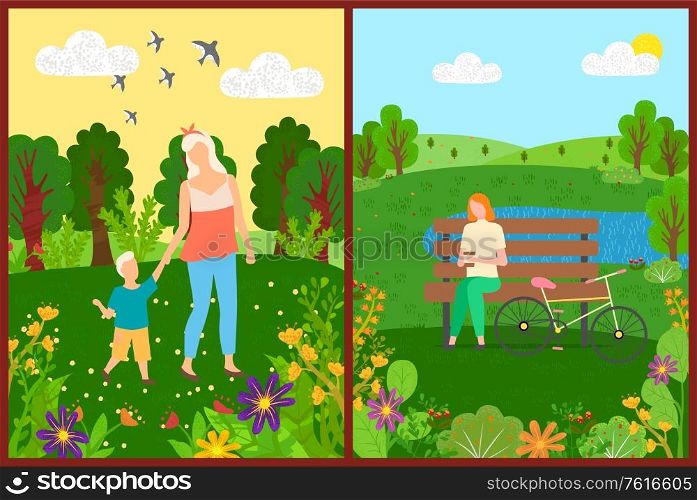 Mom and son walking in park, woman character sitting on bench with bicycle, flowers and trees, leisure of people outdoor, sunny day, green nature vector. People Leisure in Park, Flowers and Trees Vector