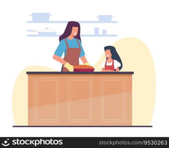 Mom baked homemade pie with her daughter. Mother with child cooking at home kitchen. Happy people cook pastry together. Sweet food. Family relationship. Cartoon flat style illustration. Vector concept. Mom baked homemade pie with her daughter. Mother with child cooking at home kitchen. Happy people cook pastry together. Sweet food. Family relationship. Cartoon flat style vector concept