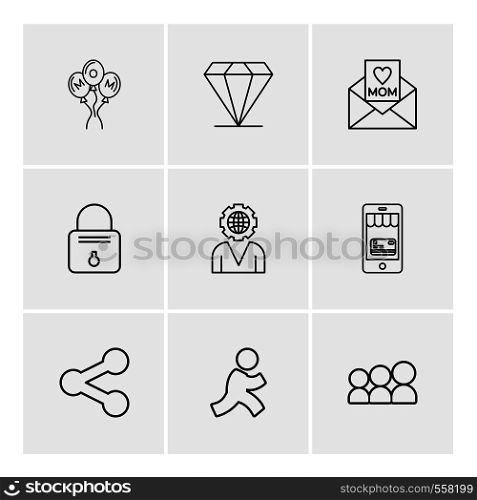 mom , balloons , daimond , letter, smart phone ,lock , gear ,share ,setting, run , people, icon, vector, design, flat, collection, style, creative, icons