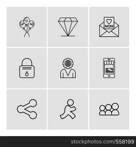 mom , balloons , daimond , letter, smart phone ,lock , gear ,share ,setting, run , people, icon, vector, design, flat, collection, style, creative, icons