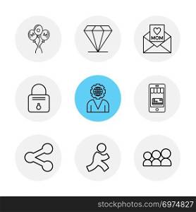 mom , balloons , daimond , letter, smart phone ,lock , gear ,share ,setting, run , people, icon, vector, design,  flat,  collection, style, creative,  icons