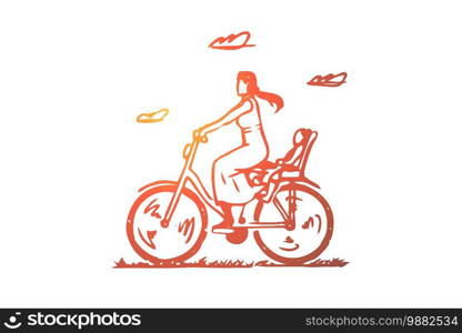 Mom, bike, child, ride, parent concept. Hand drawn mom with child ride on bike concept sketch. Isolated vector illustration.. Mom, bike, child, ride, parent concept. Hand drawn isolated vector.