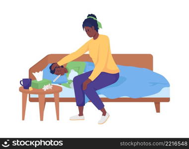 Mom caring for sick kid semi flat color vector character. Two figures. Full body people on white. Common situations isolated modern cartoon style illustration for graphic design and animation. Mom caring for sick kid semi flat color vector character