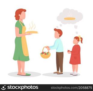 Mom cooked pie for kids semi flat color vector characters. Interacting figures. Full body people on white. Home life isolated modern cartoon style illustration for graphic design and animation. Mom cooked pie for kids semi flat color vector characters