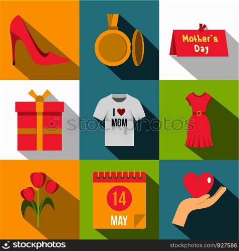 Mom day icon set. Flat style set of 9 mom day vector icons for web design. Mom day icon set, flat style