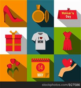 Mom day icon set. Flat style set of 9 mom day vector icons for web design. Mom day icon set, flat style