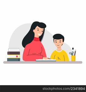 Mom does homework with son. Boy is engaged with tutor. Woman and child reading book. Home schooling. School homework. Teacher and student.