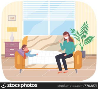 Mom gives thermometer to patient. Measurement of body temperature. Male character having cold is lying on sofa. Mother treats son. Wrapped guy lies under covers. Health care and home treatment. Mom gives thermometer to patient. Male character having cold is lying on sofa. Mother treats son