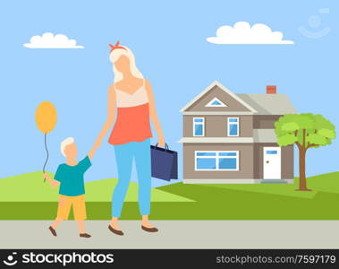 Mom holding hand of son going on road near tree and building, parent and kid with balloon, portrait view of family characters in casual clothes vector. Parent and Child Going near House, Walking Vector