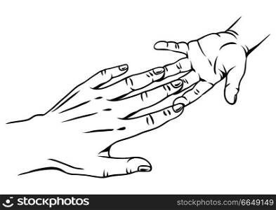 Mom holds the child hand. Illustration of love, care and kindness.. Mom holds the child hand.