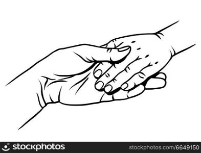 Mom holds the child hand. Illustration of love, care and kindness.. Mom holds the child hand.