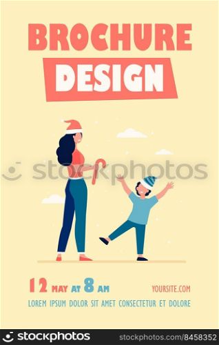 Mom in Santa costume giving candy cane to son. Parent and kid celebrating Xmas flat vector illustration. Holiday, Christmas, New Year concept for banner, website design or landing web page