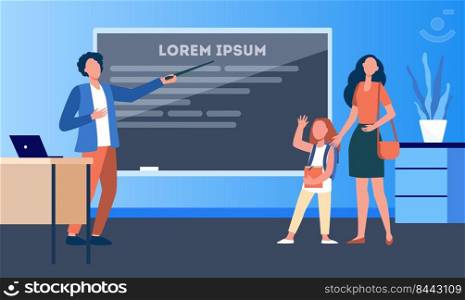 Mom leading child to school class. Daughter, girl, teacher pointing at blackboard flat vector illustration. Parenthood, education concept for banner, website design or landing web page