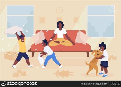 Mom meditate among children flat color vector illustration. Calm woman surrounded by loud children. Zen while at home. Family 2D cartoon characters with home interior on background. Mom meditate among children flat color vector illustration
