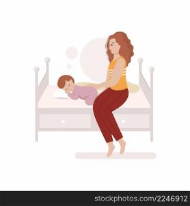 Mom puts a newborn baby to bed. Motherhood and child’s sleep. A small child is sleeping on the bed.