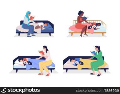 Mom read for child semi flat color vector character set. Sitting figures. Full body people on white. Family members isolated modern cartoon style illustration for graphic design and animation pack. Mom read for child semi flat color vector character set