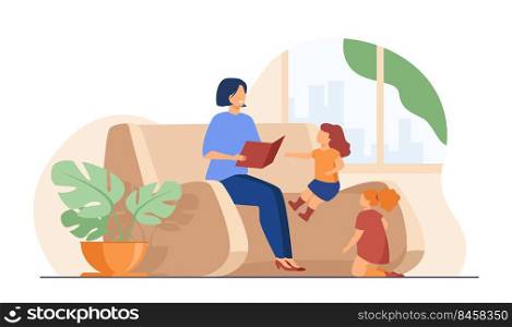 Mom reading book to children at home. Mother telling little children fairytale. Flat vector illustration. Family leisure, preschool education concept for banner, website design or landing web page