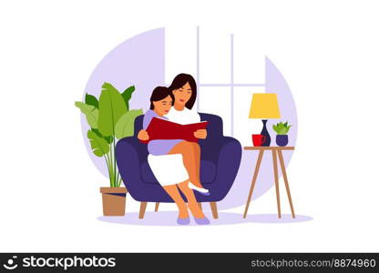 Mom reading for daughter sitting on the sofa with book. Vector illustration of a flat design.