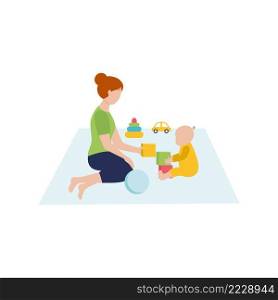 Mom sits on the floor and plays with the baby. Children’s toys and games with the baby. Parenting. Vector flat character.