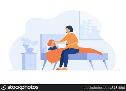 Mom taking care about sick child. Girl getting cold, suffering from flu, lying in bed with sore throat and fever. Vector illustration for childcare, motherhood, epidemic concept