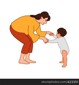 Mom teaching her little son to walk holding hands. First baby steps concept. Hand drawn style doodle design illustration