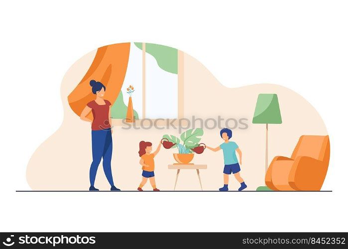 Mom teaching kids to take care about home plants. Children watering houseplants at home flat vector illustration. Parenthood, motherhood, family concept for banner, website design or landing web page