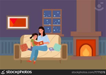 Mom telling fairy tales while putting her daughter to sleep at bed time. Mother reads book to her child at night. Family spends time together before bed. Parent and child are reading literature. Mom telling fairy tales to her daughter at bed time. Mother is reading book to child at night