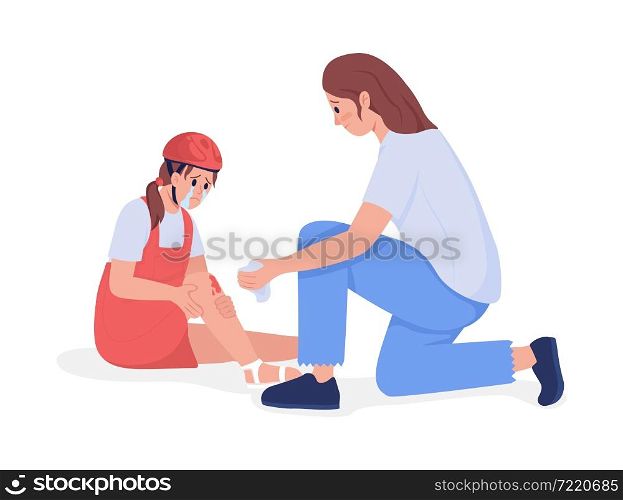 Mom treats kid injury semi flat color vector character. Sitting figure. Full body people on white. First aid isolated modern cartoon style illustration for graphic design and animation. Mom treats kid injury semi flat color vector character
