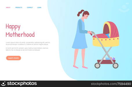 Mom walking with buggy, side view of woman in dress going with pram, parent and baby in carriage together outdoor, happy motherhood web vector. Website or webpage template, landing page flat style. Woman Walking with Buggy, Motherhood Web Vector