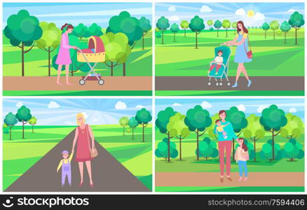 Mom walking with carriage and little son and daughter in park, mother going with children near trees, family together outdoor, sunny weather vector. Family Walking with Baby and Kid in Park Vector