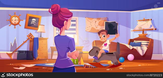 Mom watching naughty kid playing in messy room, cartoon vector illustration. Back view of woman looking at mischievous boy, broken toys scattered on floor, torn, painted wallpapers. Modern parenting. Naughty kid playing in messy room, cartoon