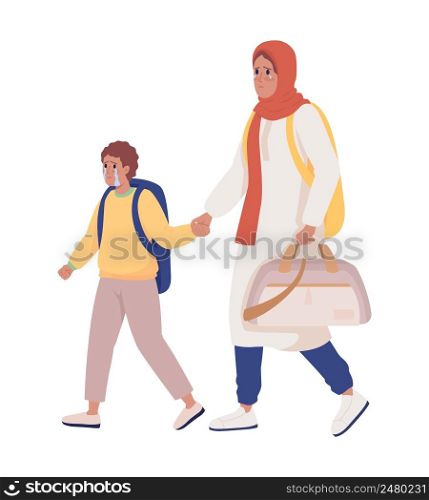 Mom with boy running away from shelling semi flat color vector characters. Crying figures. Full body people on white. Simple cartoon style illustration for web graphic design and animation. Mom with boy running away from shelling semi flat color vector characters