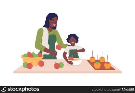 Mom with child cook semi flat color vector characters. Posing figures. Full body people on white. Making caramel apples isolated modern cartoon style illustration for graphic design and animation. Mom with child cook semi flat color vector characters