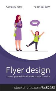 Mom with folded hands listening kid. Child, speech bubble, conversation flat vector illustration. Communication and parenthood concept for banner, website design or landing web page